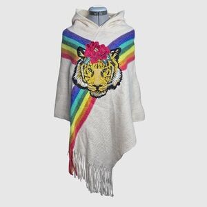 Colorful Tiger Rose Rainbow Embroidered Poncho - One Size